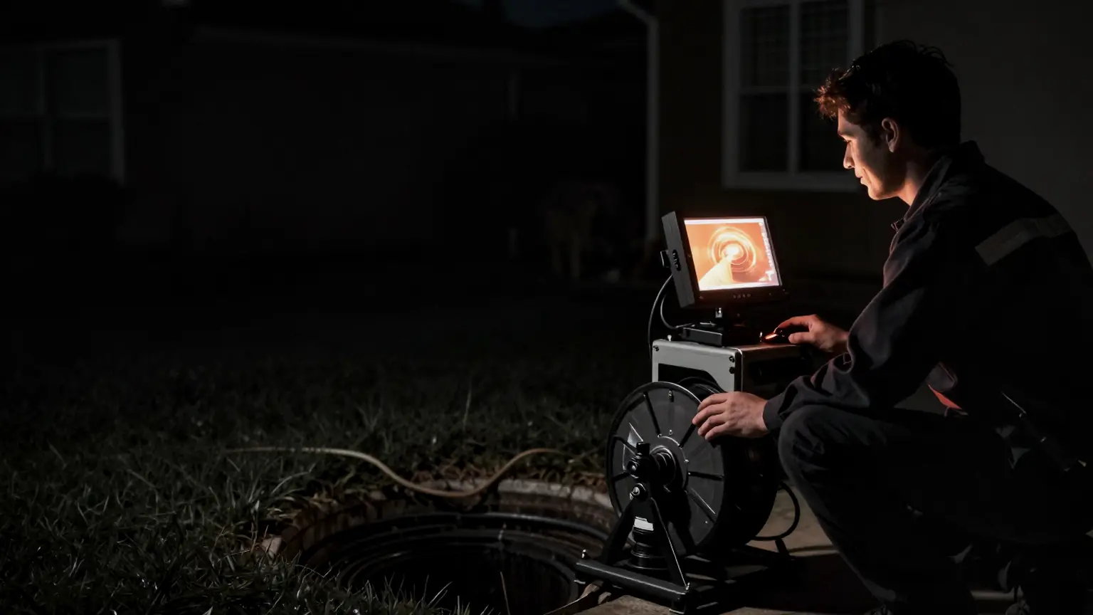 Drain technician operating sewer inspection camera equipment at night